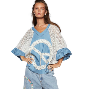 POL Ruffle Sleeve Peace Sign Blue and White Lace Trim Women's Boho oversized Top